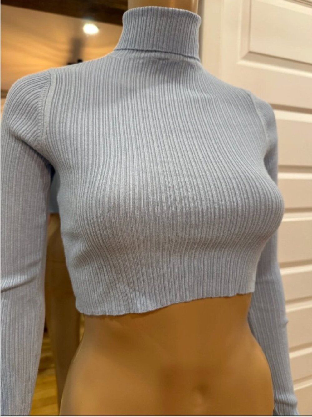 Light Blue Ribbed Turtleneck Cropped Top